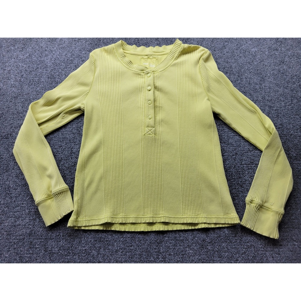Aerie Long Sleeve Henley Top XL Lime Green Yellow Ribbed Knit Button Front Shirt